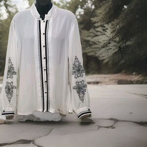 Jordan Dr. Zhivago XL Mandarin Collar Folk White Black Embroidery Shirt Blouse